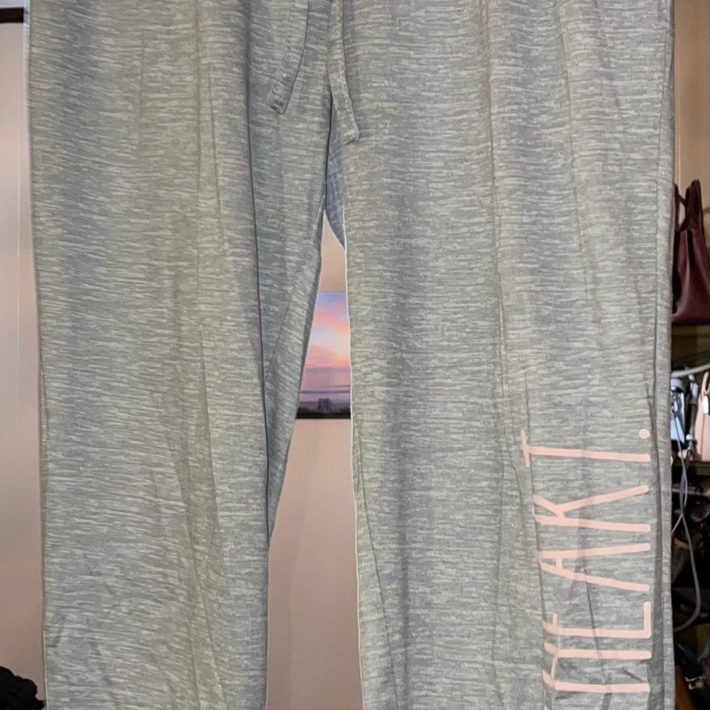 Rae Dunn Heather Gray Lounge Pants with Pink Lettering